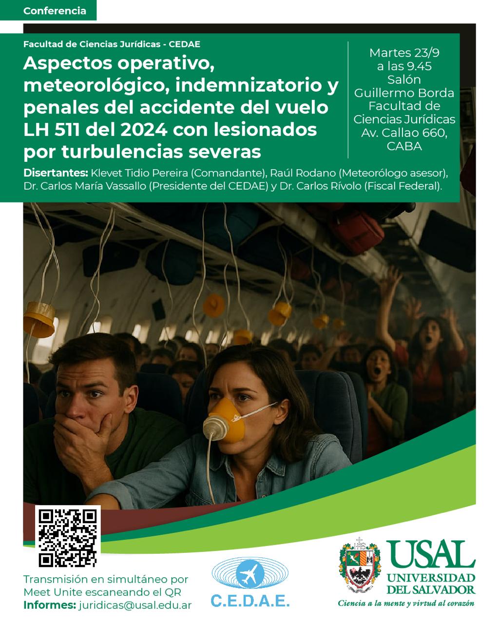 Conferencia “Aspectos operativo, meteorológico, indemnizatorio y penales del accidente del vuelo LH 511 del 2024 con lesionados por turbulencias severas”